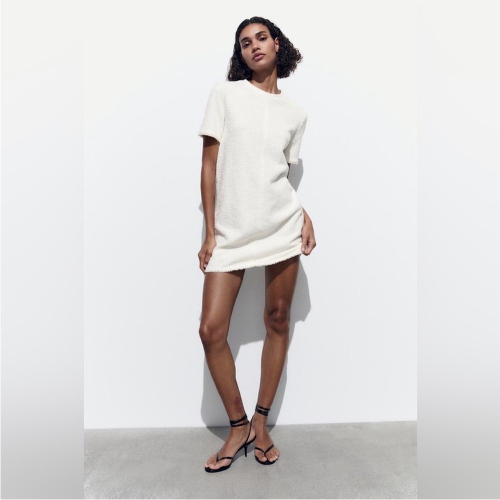 Zara Ivory Structured Jacquard Mini Dress with Raw Hem - NWOT